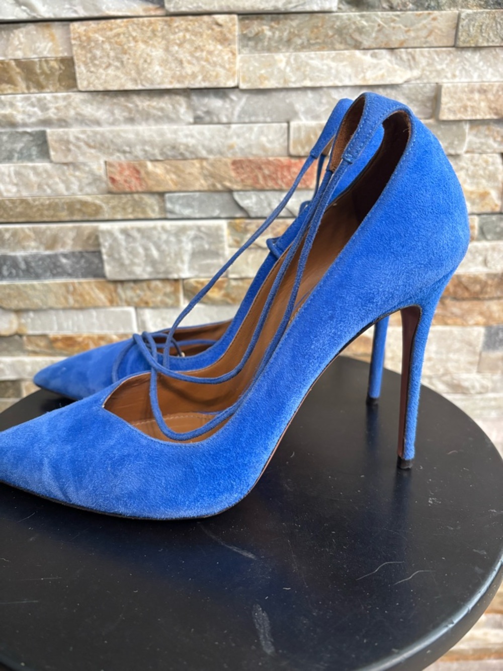 Aquazzura Matilde 105 Blue Suede Lace Up Pumps Size 39 Italy Designer - Picture 4 of 8